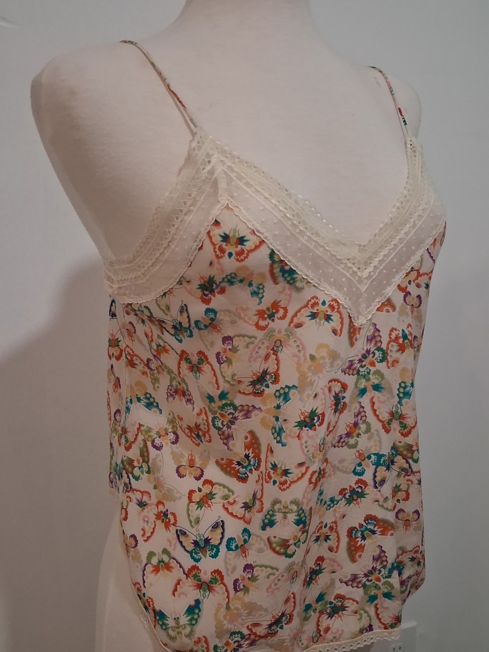 Zadig & Voltaire Silk Butterfly Print Christy Cami Cream Lace Trim Top Xs